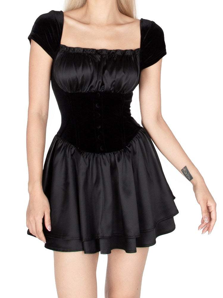 Elegantes Vintage-Minikleid aus schwarzem Samt mit quadratischem Ausschnitt