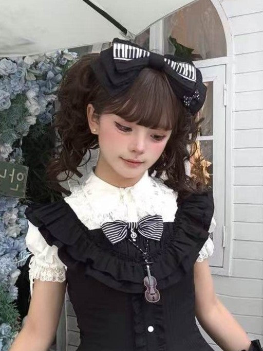 Piano Key Patterned KC Headpiece in Black and White with Bow Detail - Wuyu Love Letter