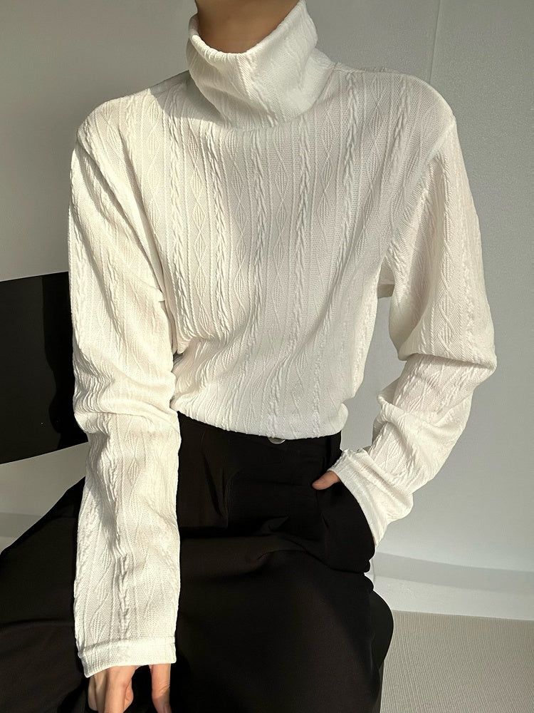 Cable Beige Knit with Ribbed Lolita Turtleneck Ouji Top Long-Sleeve