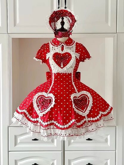 Lolita Dot Sweet Polka Sweetheart Dress Accents with Heart White Applique Red Bow
