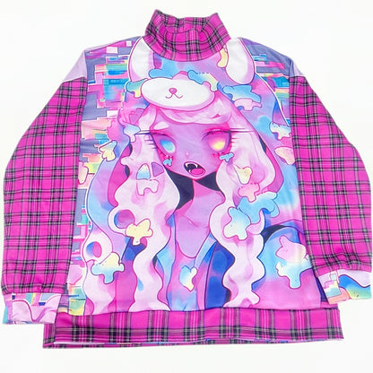 漫画とチェック柄プリントのオーバーサイズスウェットシャツ ギャルローズファッションレッド