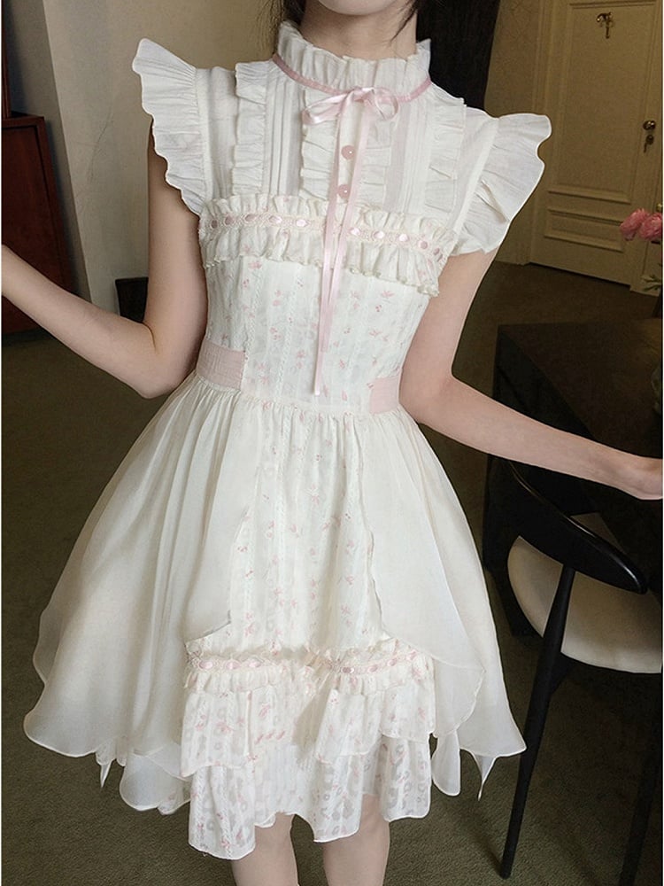 White Seiso-Kei Floral Flutter Sleeve Dress Ruffle - LA LA JK