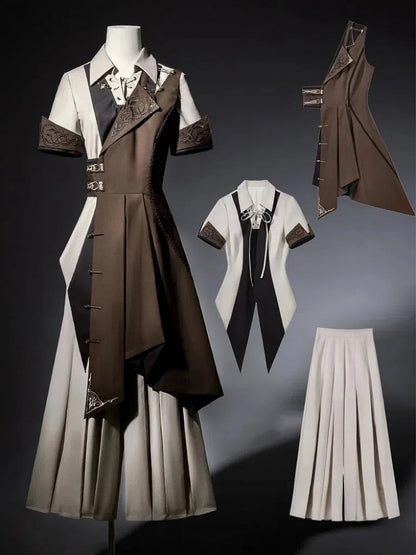 Straight-leg Short Pieces Steampunk Three - Sleeves + Pants Waistcoat Ouji Long Set One-shoulder Shirt Lolita