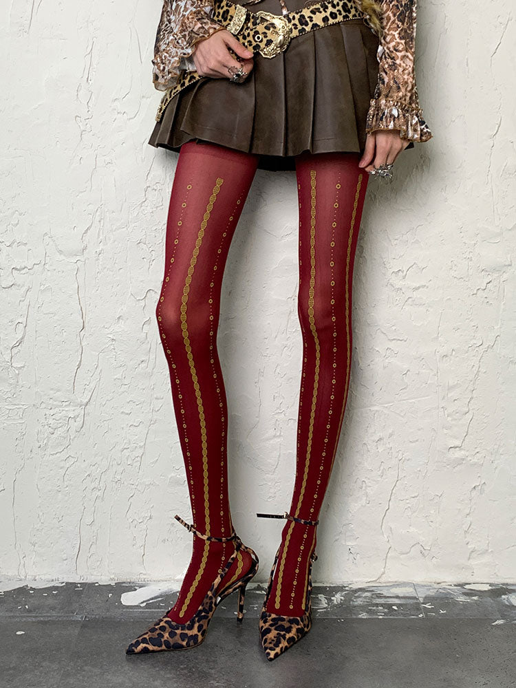 Y2K Wine Red Print Design Tights