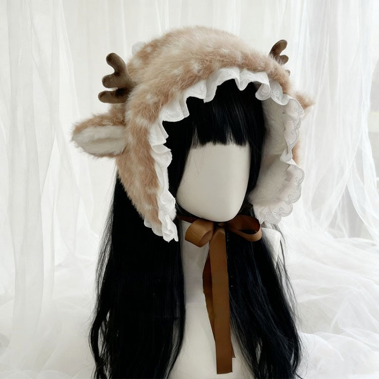 Tied Deer Lolita Sweet Lace Hat Trim Plush Earflap Spotted
