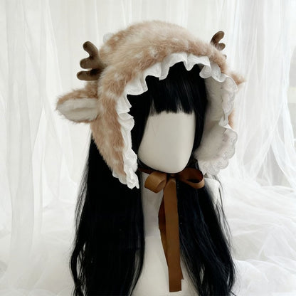 Tied Deer Lolita Sweet Lace Hat Trim Plush Earflap Spotted