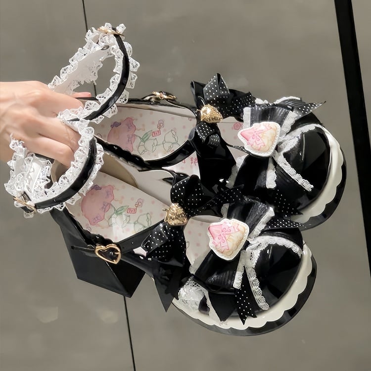 Clasp Black Heart Strawberry Jane Bow Mary Sweet - with Lolita Embellished Shoes Adjustable
