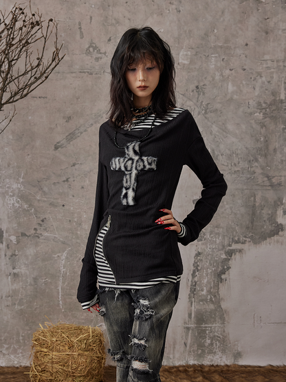 With Two-Piece Knit Detail Leopard Faux Punk Zipper Patch Black Top Cross