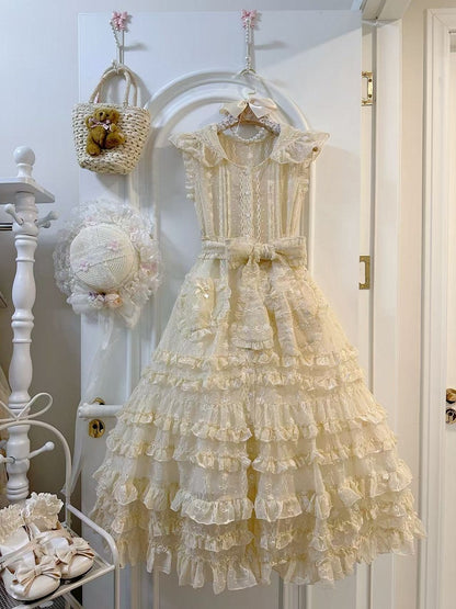 with Beige Floral Ruffled Pattern Lolita Bunny Overdress Hood Ear