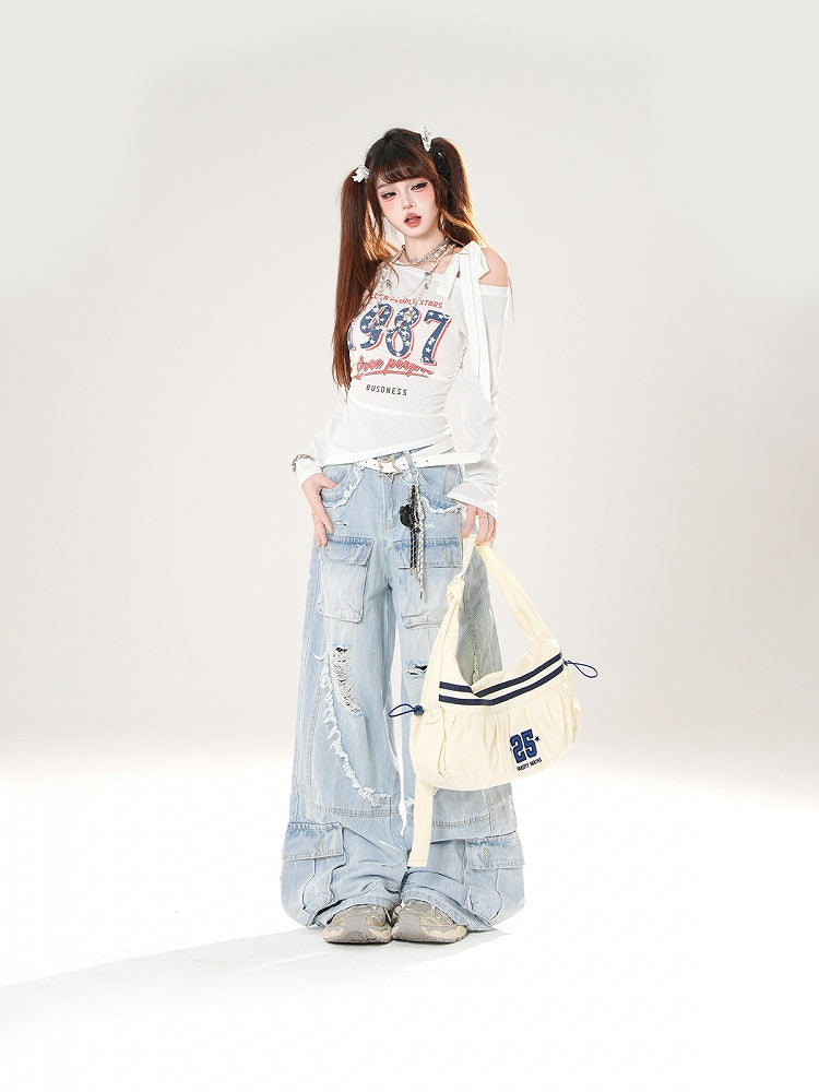 Rise Distressed Holes Wide-Leg Cargo Raw Black/Blue Hem Low