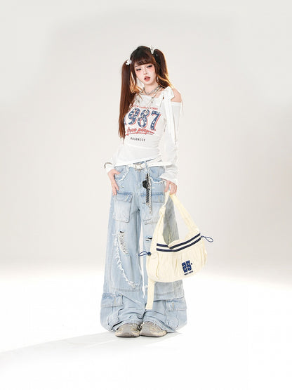 Rise Distressed Holes Wide-Leg Cargo Raw Black/Blue Hem Low