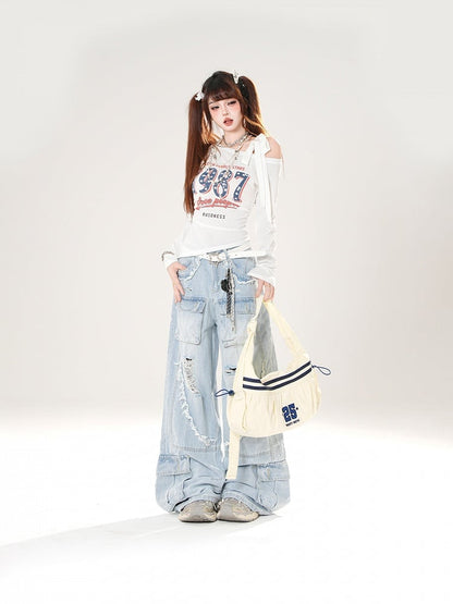 アシンメトリーネックライントップス ヴィンテージナンバープリント ブルー/ホワイト/ブラック