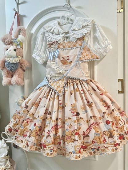 Beiges süßes Lolita-Overallkleid mit Teddybär und Dessert
