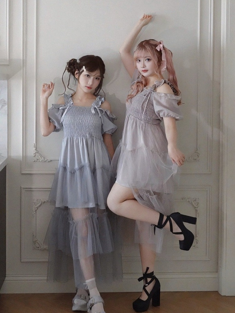 Dusty Blue Puff-Sleeve Dress with Tiered Tulle Hem - Smyster
