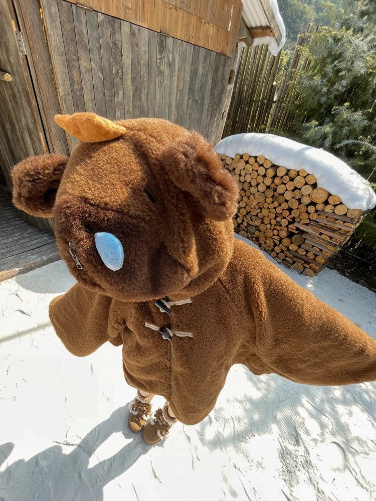 茶色のかわいいカピバラのフード付きジップ開閉フリースフード付きケープ