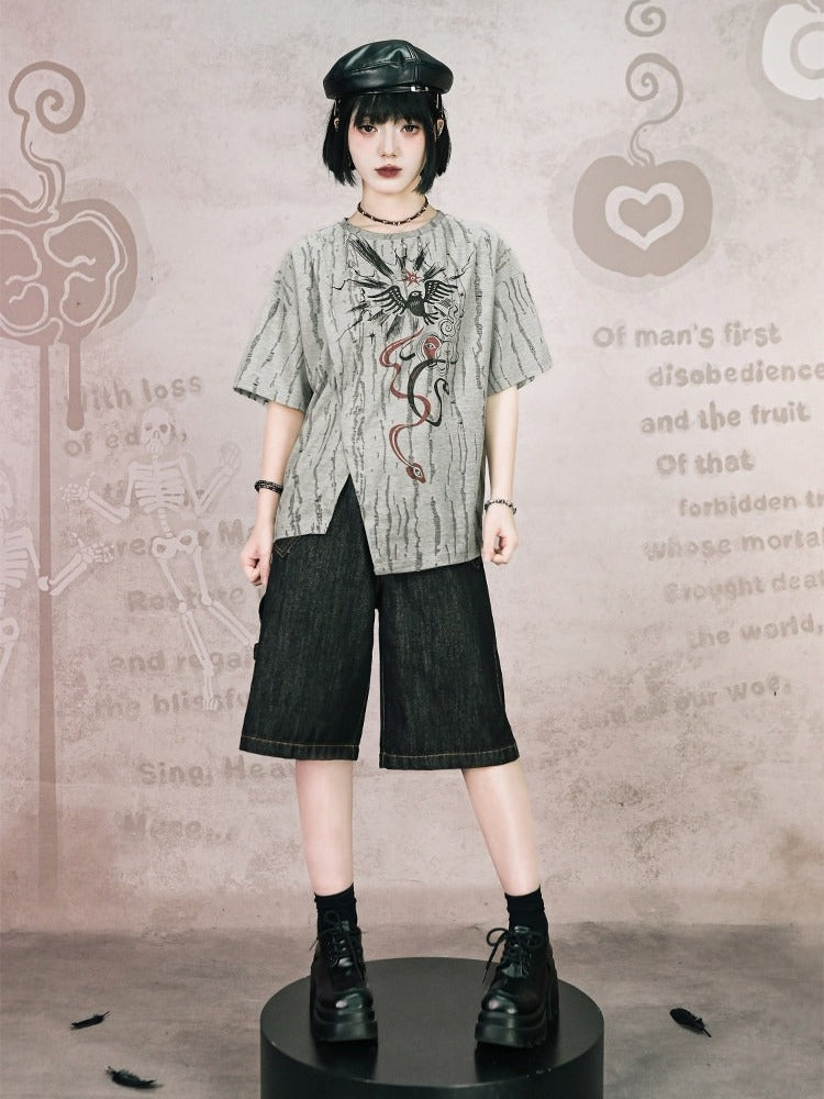 Gray Asymmetrical Short Sleeve T-Shirt with Print & Distress - Quirky Hut