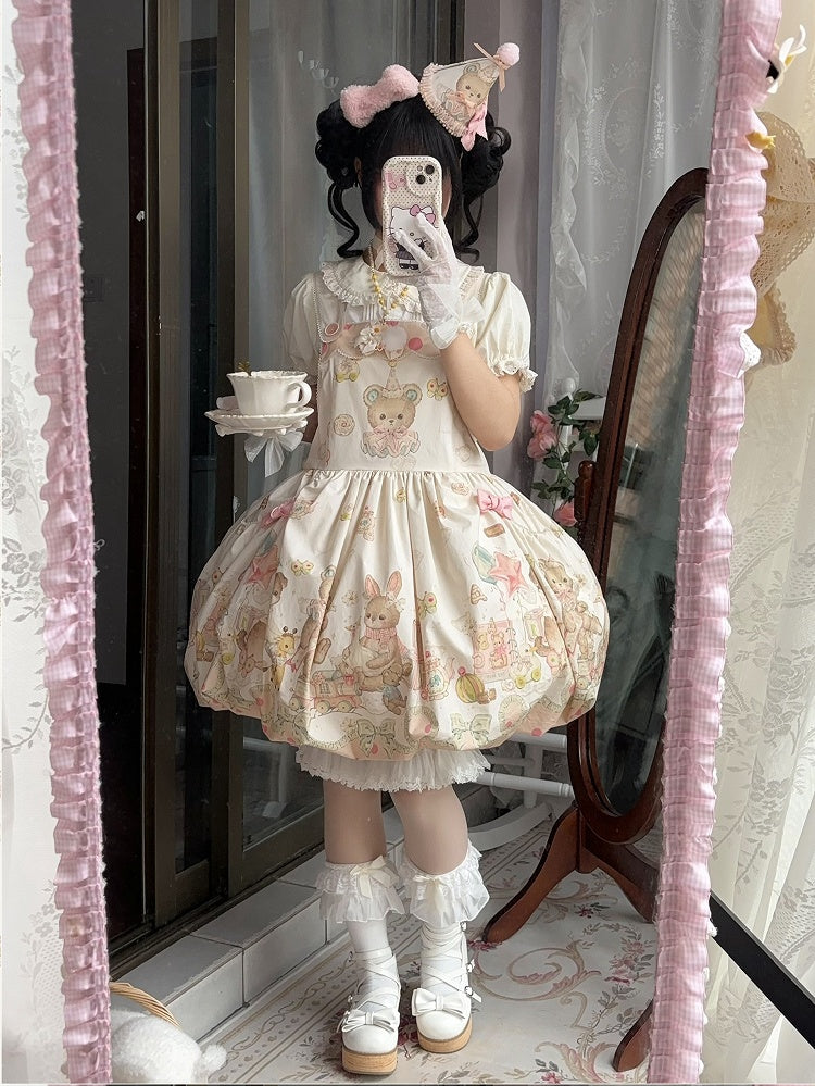 Print Overall Lolita Bubble Doll Sweet and Teddy Puppy Dress