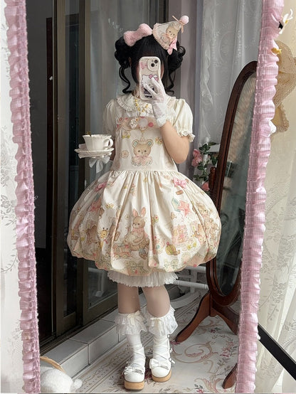 Print Overall Lolita Bubble Doll Sweet and Teddy Puppy Dress