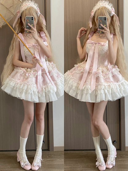 Balletcore Lolita-Pulloverrock mit Taillenstäbchen, Prinzessinnen-Baskenrock, Rosa