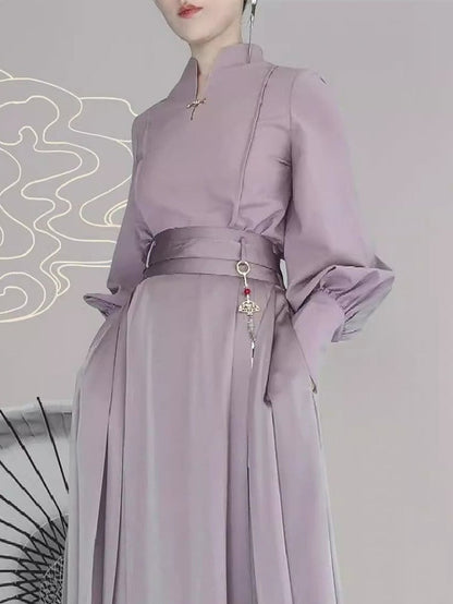 Light with Balloon Sleeve in Functional Purple Chinese Style Snap Fastening Blouse Frog Decorative Cuffs