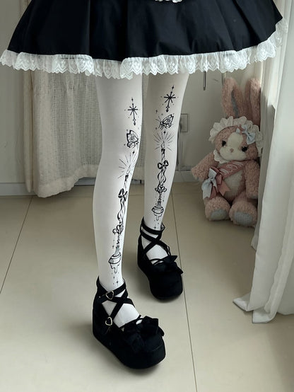 Strumpfhose Schmetterling und Kandelaber Print Gothic Lolita Weiß