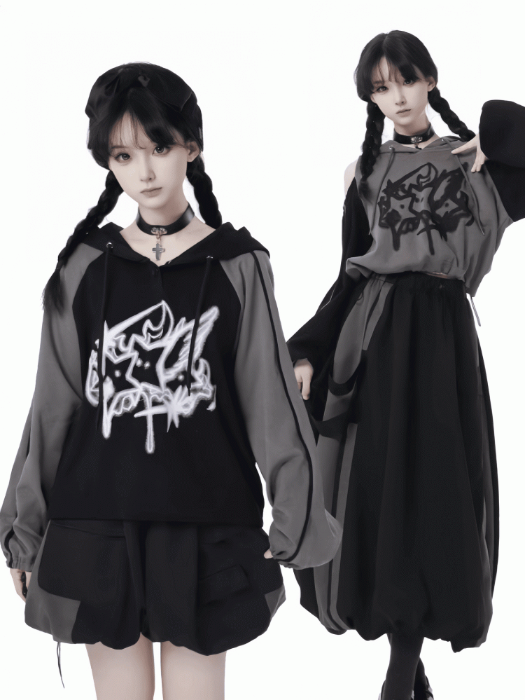 Hoodie Print Gray Colorblock Design and Star Loose Black