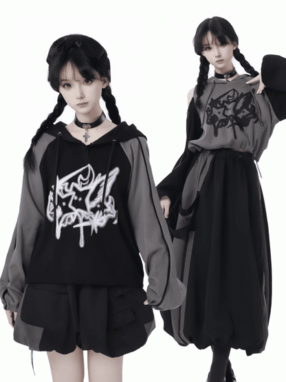 Hoodie Print Gray Colorblock Design and Star Loose Black