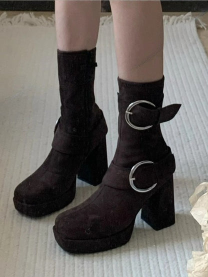 Bottes Mi-mollet Marron à Bout Carré avec Fermeture Éclair Plateforme Boucle Intérieure Talon Carré Haut