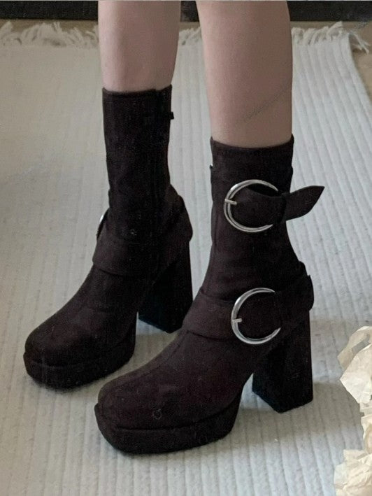 Zip Platform Inner Buckle Brown Closure High Heel Block with Boots Mid-calf Details Square Toe