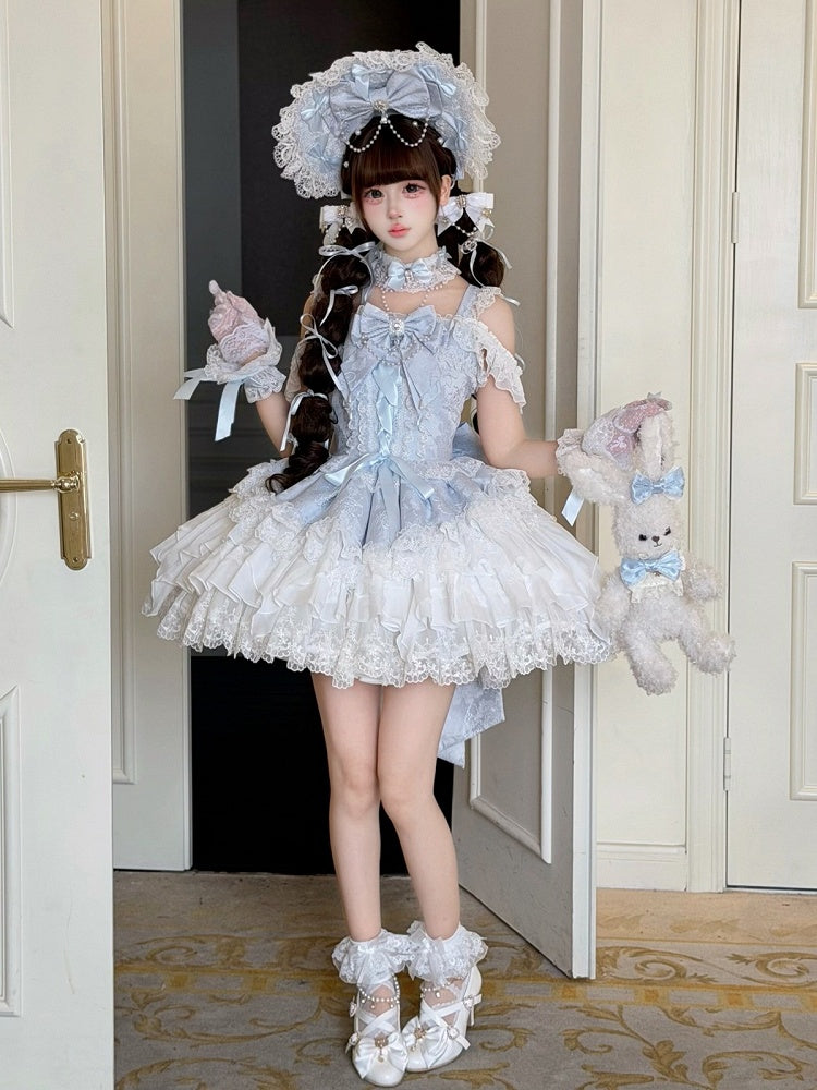 Blue Ballet Style Lace Ruffle Lolita JSK Dress with Bead Chain Bow and Back Bow Set - White Sugar Girl