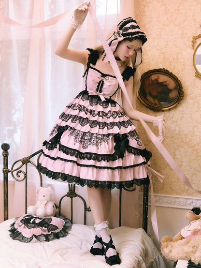 Black and Pink High-Waisted Tiered Ruffle Hem Jumper Skirt - Mademoiselle Pearl