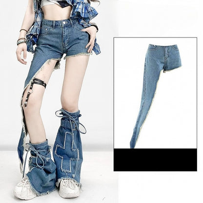 Y2K Asymmetrische Shorts Saum Blau Denim