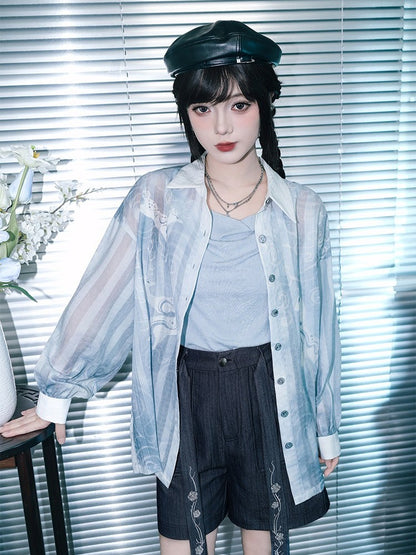 Blue Loose Sun Protection Chiffon Long Sleeve Shirt with Deer Print - Quirky Hut