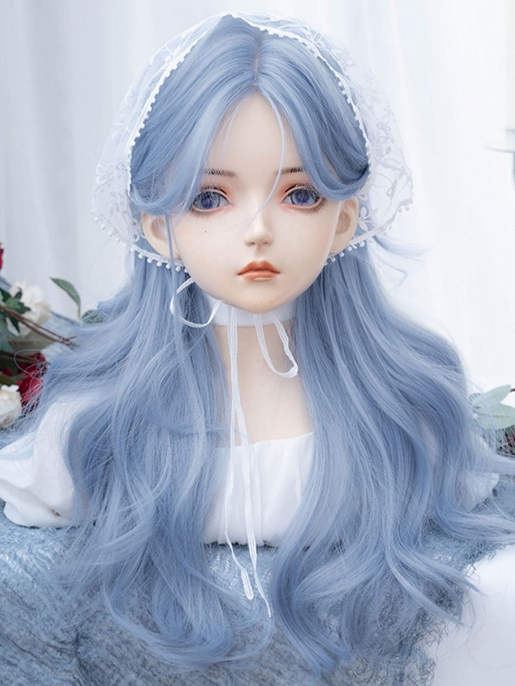 カーテンバング付きブルーロングウェーブ合成ウィッグ