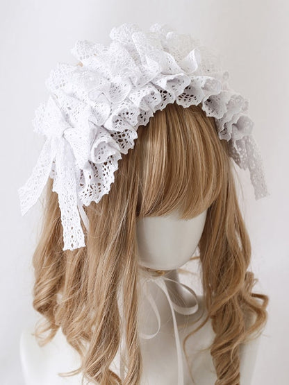 White Cotton / Beige Black Lace Hairband Sweet Lolita Doll-Style