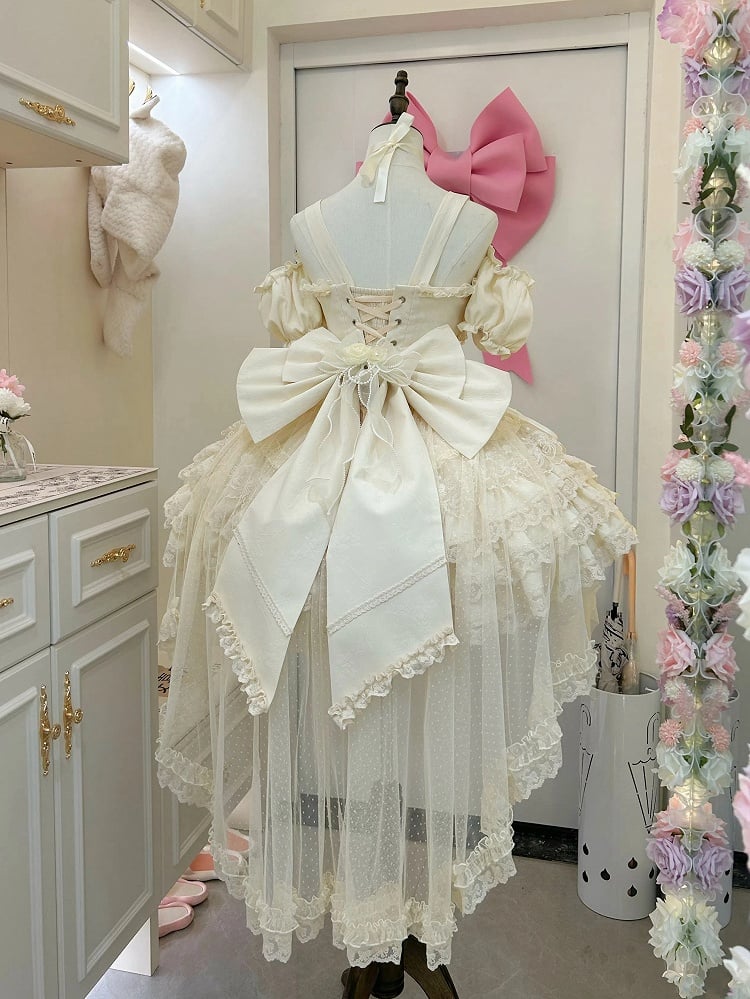 Hanayome Fairy Lolita Flower Basque Skirt Jumper Tiered Waist Hem Beige Dress