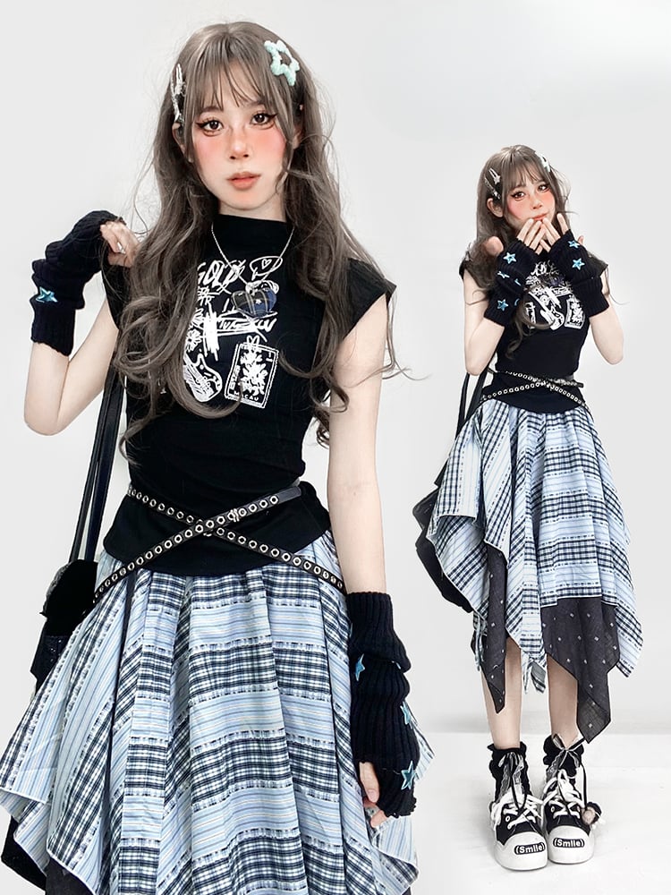 Y2K Schwarzes, Rundhals-Cartoon-Tanktop mit glamouröser, schmaler Passform