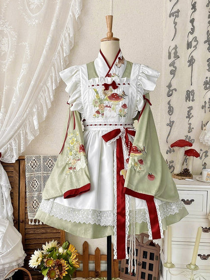 Neckline and Han Apron + Lolita Crossover Bunny Mushroom Green Embroidery OP