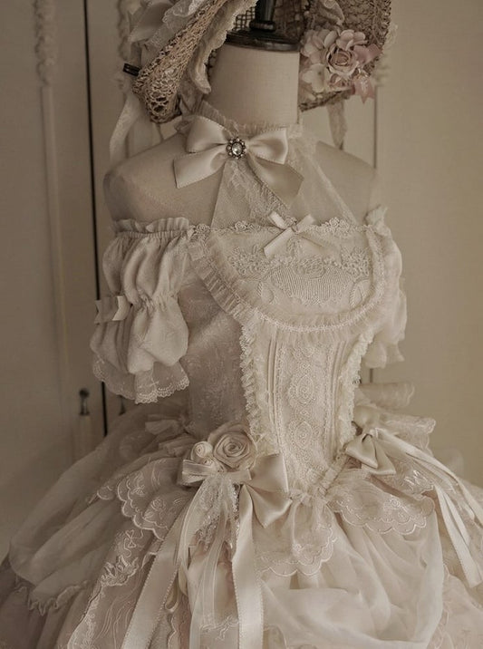 Boned Details Beige Top Elegant Sleeves Puff Classic Illusion with Neckline Corset Lolita Embroidery Lace and