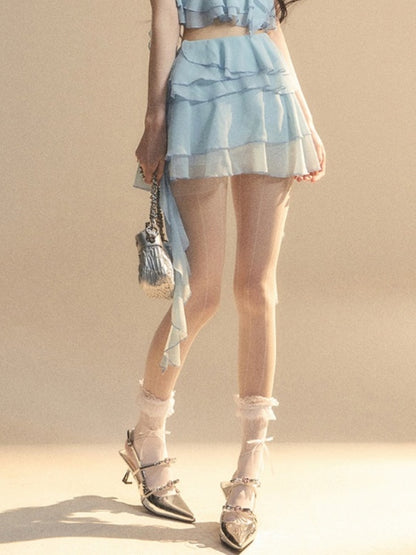 Blue Chiffon Tiered Skirt Mini Asymmetrical Ruffled Hem Slim-fitting