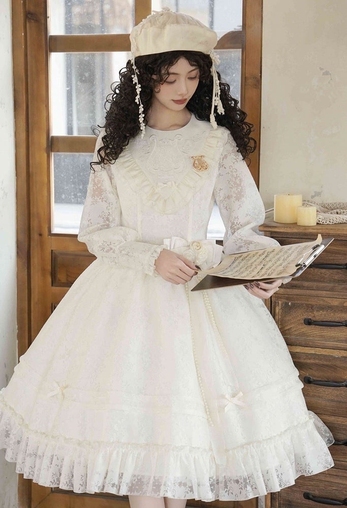 Beige Harp Embroidery Spring Semi-sheer Long Sleeves Elegant Classic Lolita Dress
