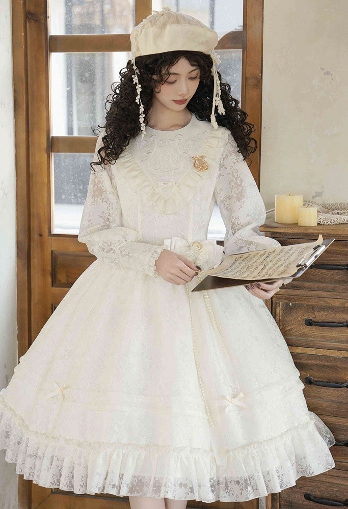 Beige Elegante Ärmel Klassische Frühling Lolita Kleid Stickerei Semi-transparent Harfe Lange