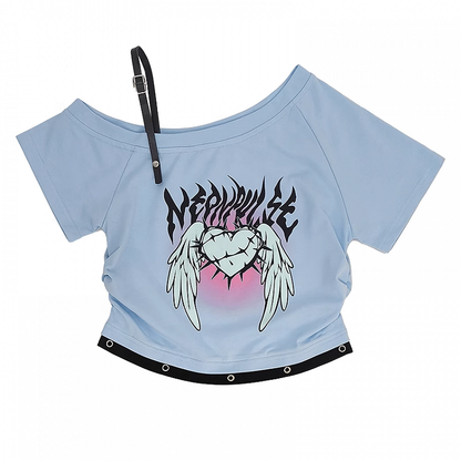 ウィングスプリント Y2K ライトブルー アシンメトリーネックライン ハート＆Tシャツ