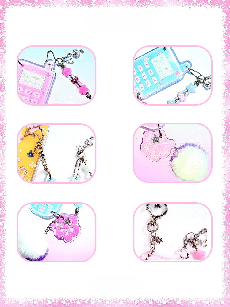 with Glitter Charm Pink Hibiscus Pom-Pon Resin Keychain Phone
