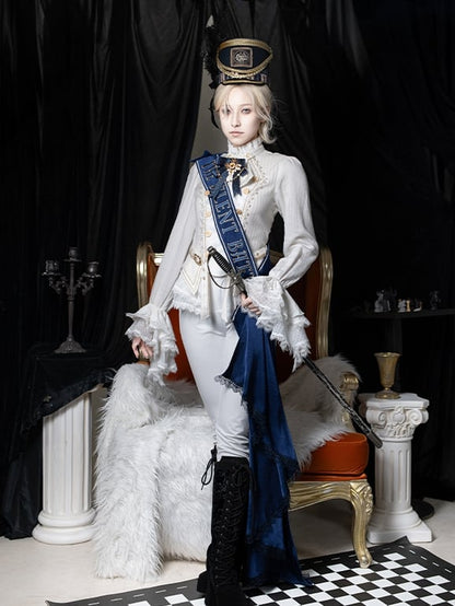White Jabot Ruffled Long Sleeve Ouji Lolita Top with Cascading Cuffs