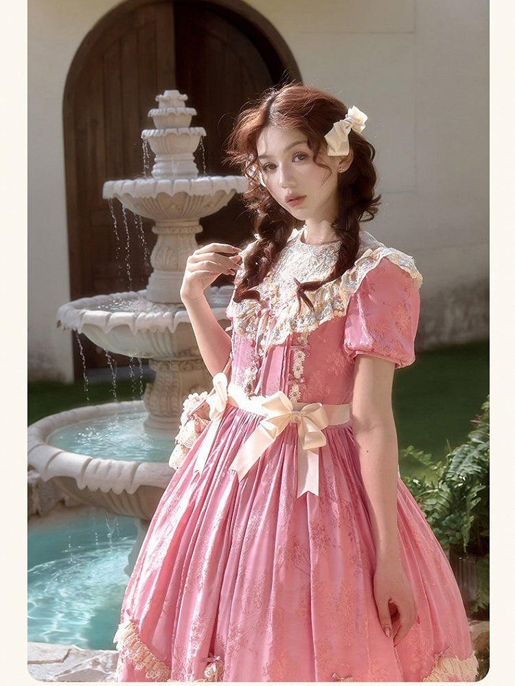 Pink Floral Embroidered Lolita OP Gown with Scalloped Lace Edge