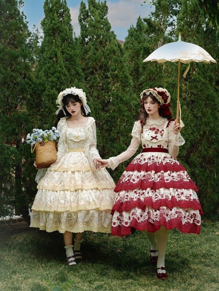Classic Rose Tiered Floral Lolita Teapot Skirt Print Red and Jumper Dress