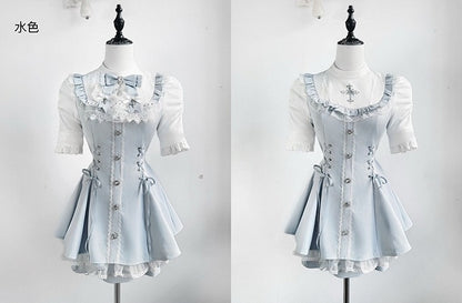 Tie a Shorts Gothic Jirai Featuring Set Blue Bib Light Lace-Up Dress Bow Details Kei