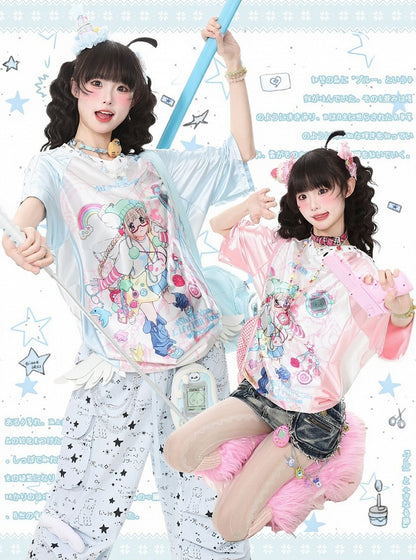 Kawaii Pink Satin V-Neck Tee with Anime Print - Languid Park