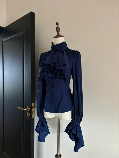 Lolita Collar Blouse Dark Jabot Long-Sleeve Blue